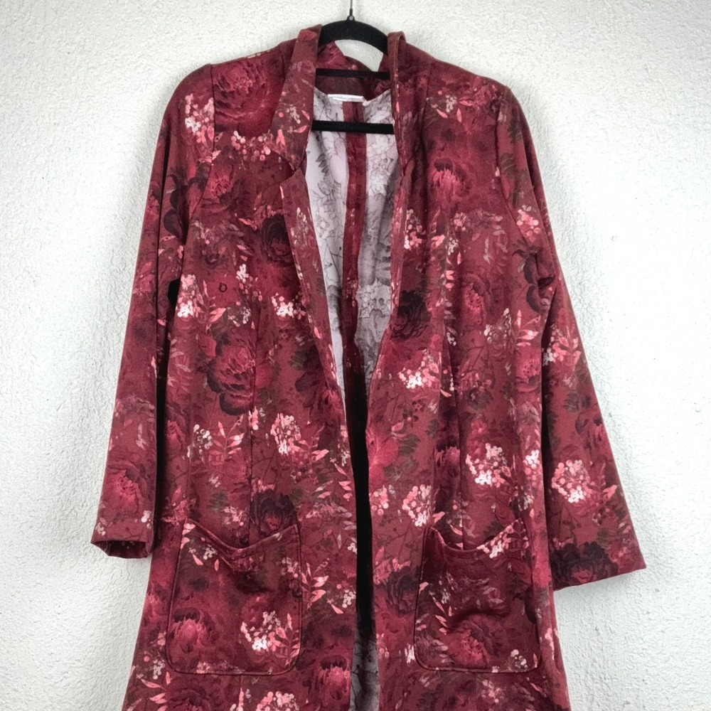 LuLaRoe Red Floral Shirley Kimono - L - Open Front Pockets - Romantic Fit